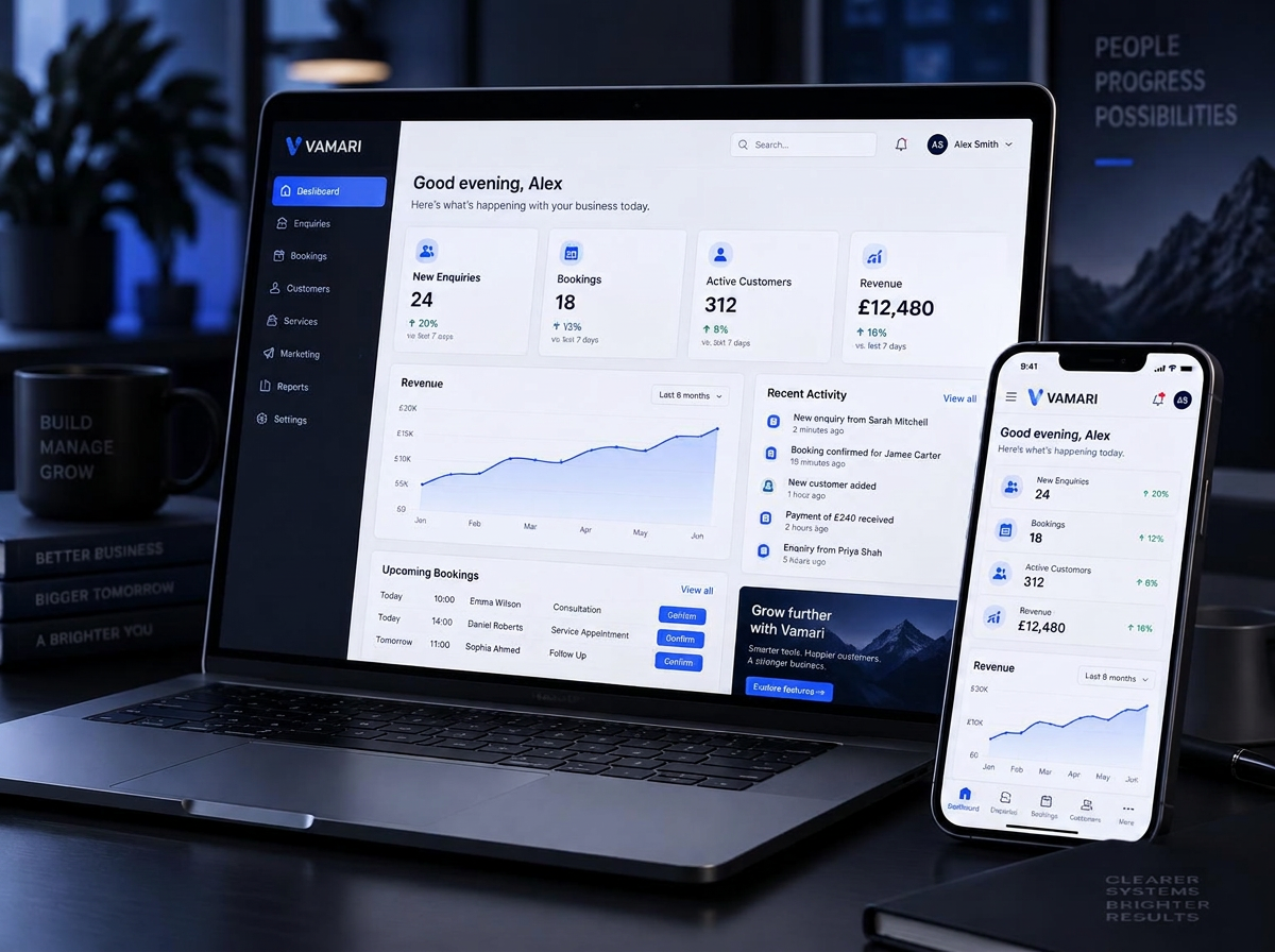 Vamari business system shown on a laptop and phone